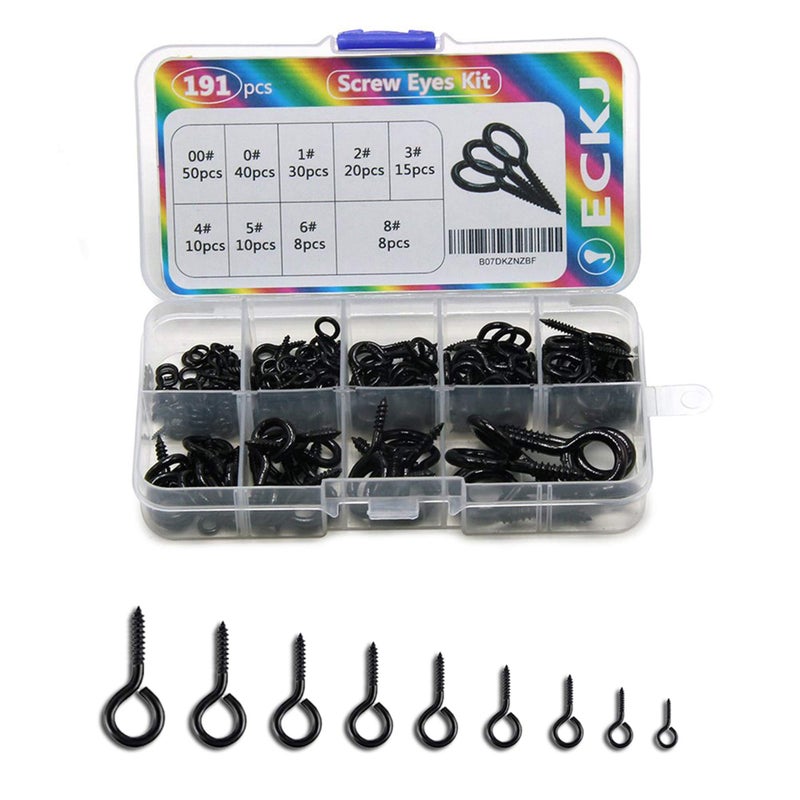 ECKJ 191pcs Screw Eyes Zinc Plated Metal Eye Hook Screw Self Tapping Screws Includes 9 Sizes Color Black - Image 1
